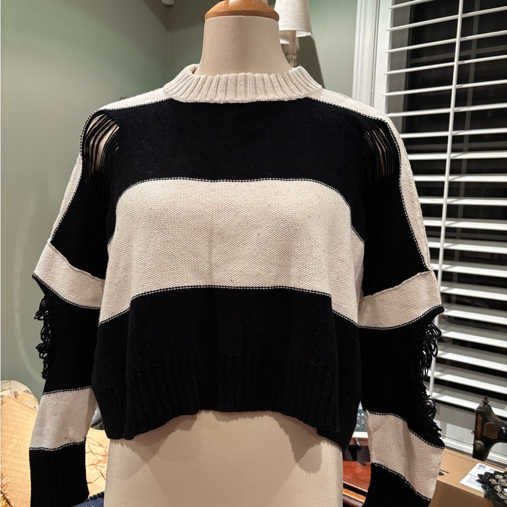 PLANET BY LAUREN G Black and White Striped Holey Moley Women's Sweater OSFM